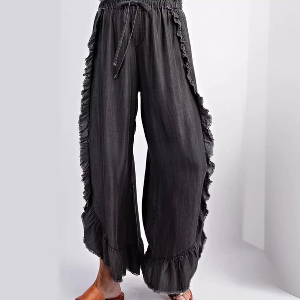 Women's Clothing Bohemian Style Washed Cotton Denim Ruffled Edge Flared Trousers_mkmklike.com