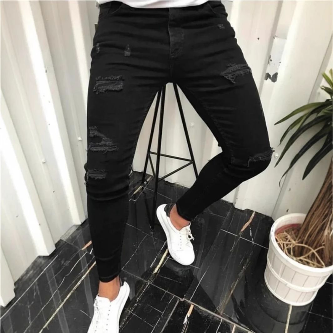 Men's Clothing Distressed Skinny Jeans Slim Fit Stretch Ripped Jeans - High Elasticity Skinny Denim Pants For Casual & Streetwear (Black, XS-XXL)_mkmklike.com