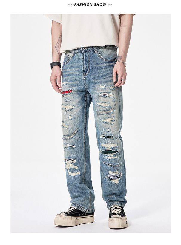 European Style Men's Trendy Jeans Patchwork Embroidery Ripped Distressed Details Straight Leg Loose Fit High End Cool Individualistic_mkmklike.com
