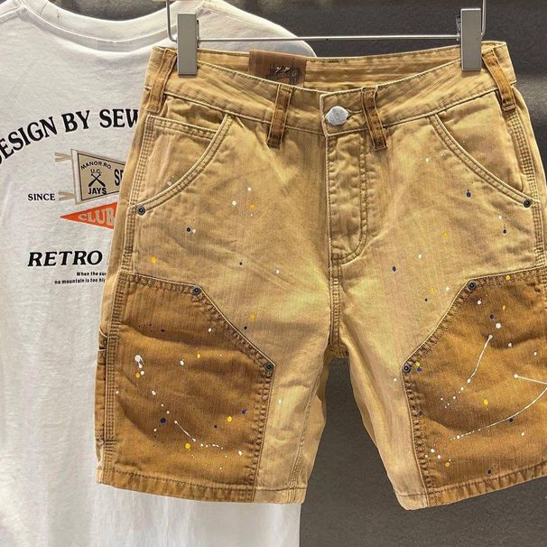 Men's Stylish Patchwork Denim Shorts Casual Loose Fit Straight Leg High End Cropped Shorts Durable_mkmklike.com
