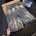 Unisex American Style Hip Hop Lightning Bolt Pattern Denim Capri Shorts Retro Washed Loose Wide Leg Cross Border Men's Clothing_mkmklike.com