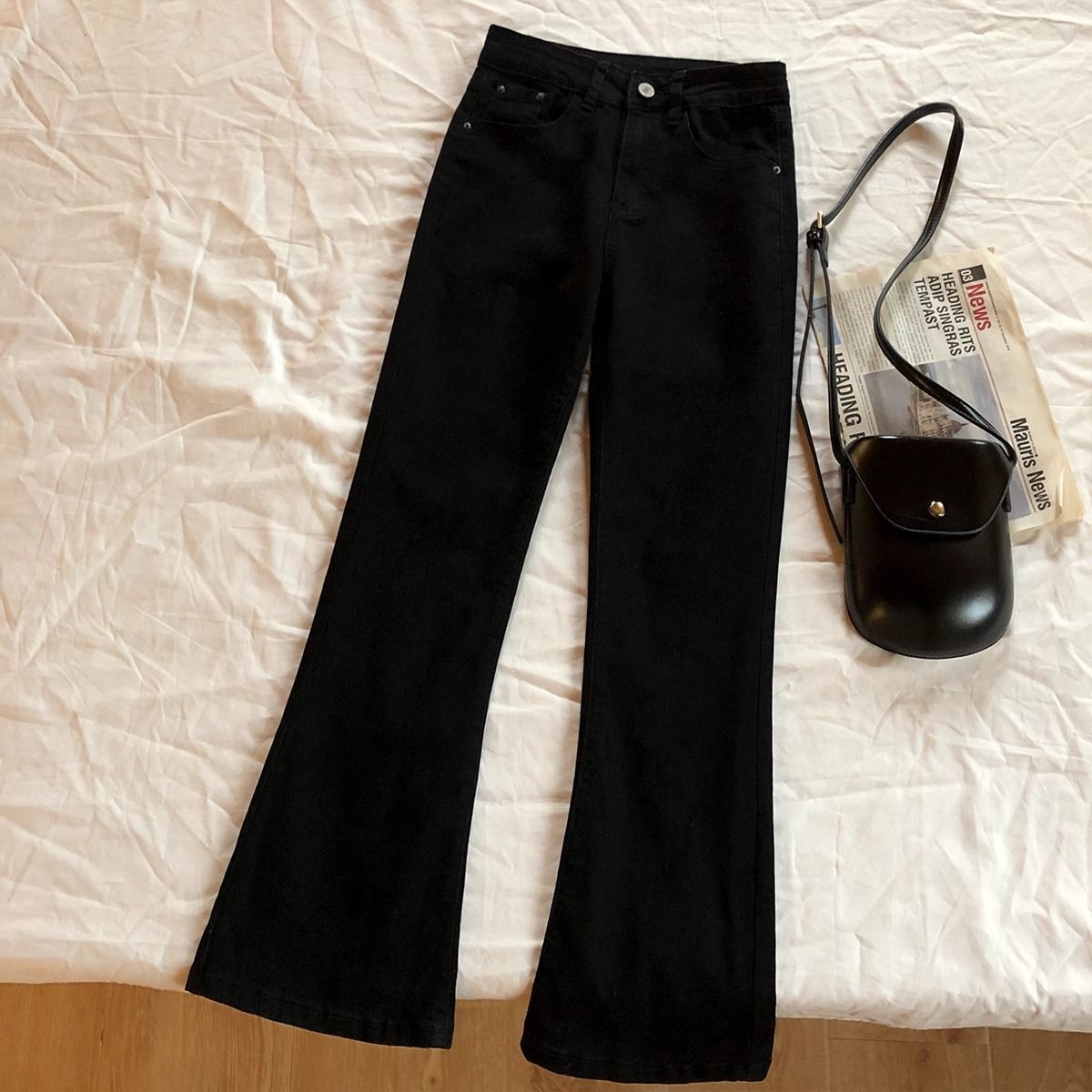 Women's Clothing Black Denim Jeans, New Spring/autumn Style, Versatile, Slim Fit, High Waisted, Slightly Flared._mkmklike.com