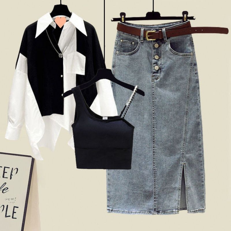 Chicco Plus Size Women's Spring Summer Outfit 2025 New Sun Protection Shirt Camisole Slimming Denim Skirt Three-Piece Set_mkmklike.com