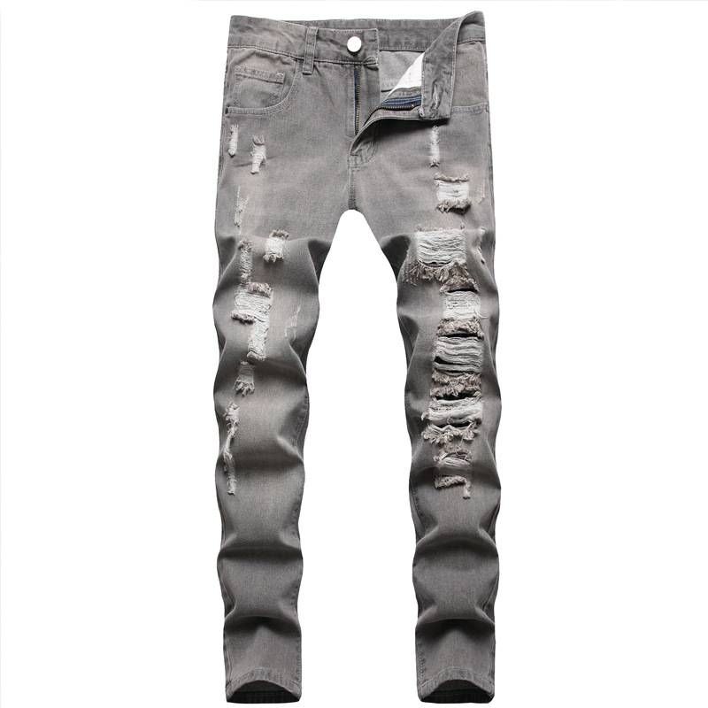 Men's Clothing Ripped Casual Gray Washed Jeans Elastic Mid Waist Slim Trousers_mkmklike.com