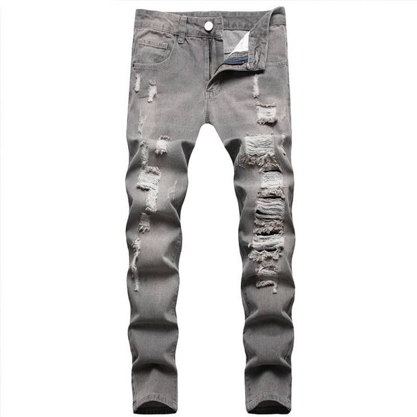 Men's Clothing Ripped Casual Gray Washed Jeans Elastic Mid Waist Slim Trousers_mkmklike.com