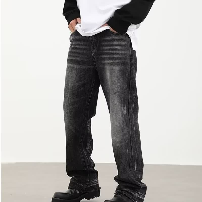 Men's American High-Street Ripple Wash Jeans – Loose Fit Straight-Leg Denim Pants (Black, S-3XL)_mkmklike.com