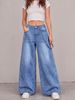 Women's Wide Leg Denim Pants All Season Loose Straight Leg Trousers With Belt Buckle Decoration_mkmklike.com