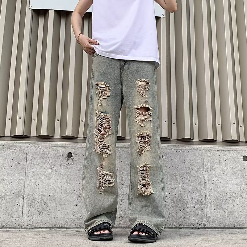 Unisex High Street Distressed Denim Jeans Slimming Straight Leg Trousers Retro Niche Design for Men And Women_mkmklike.com