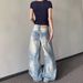 Men's Clothing Retro Distressed Scimitar Bamboo Pattern Washed Blue Jeans For Women Summer Casual Loose Wide Leg Trousers_mkmklike.com