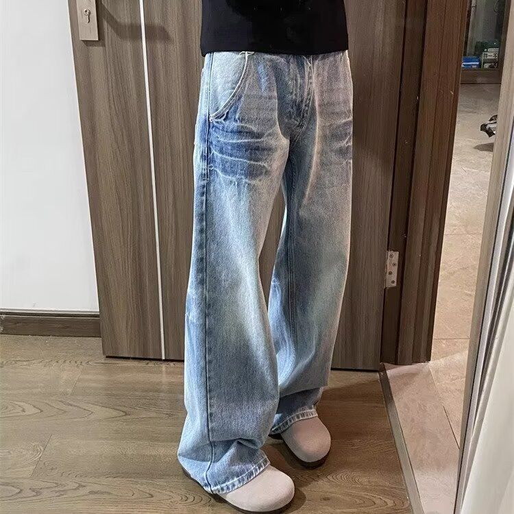 Men's Clothing Cracked Design Washed Light Blue Jeans Trend Casual All Match Loose Straight Trousers_mkmklike.com