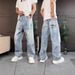 Men's High Street Distressed Paint Drop Wide Leg Jeans - Vintage Washed Loose Fit Straight Denim Pants For Casual Wear_mkmklike.com