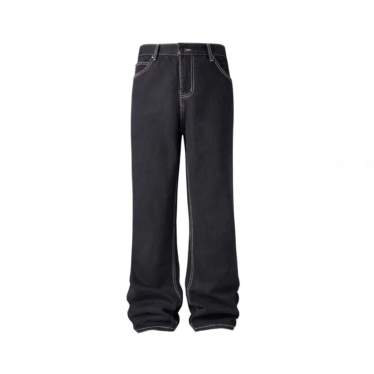 Men's Vintage Washed Black Flared Jeans – High Street Style With White Contrast Stitching, 70s Retro Loose Fit Trousers_mkmklike.com