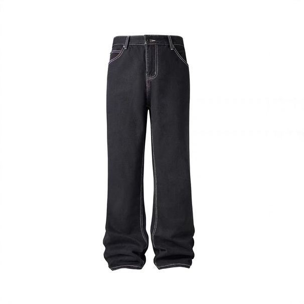 Men's Vintage Washed Black Flared Jeans – High Street Style With White Contrast Stitching, 70s Retro Loose Fit Trousers_mkmklike.com