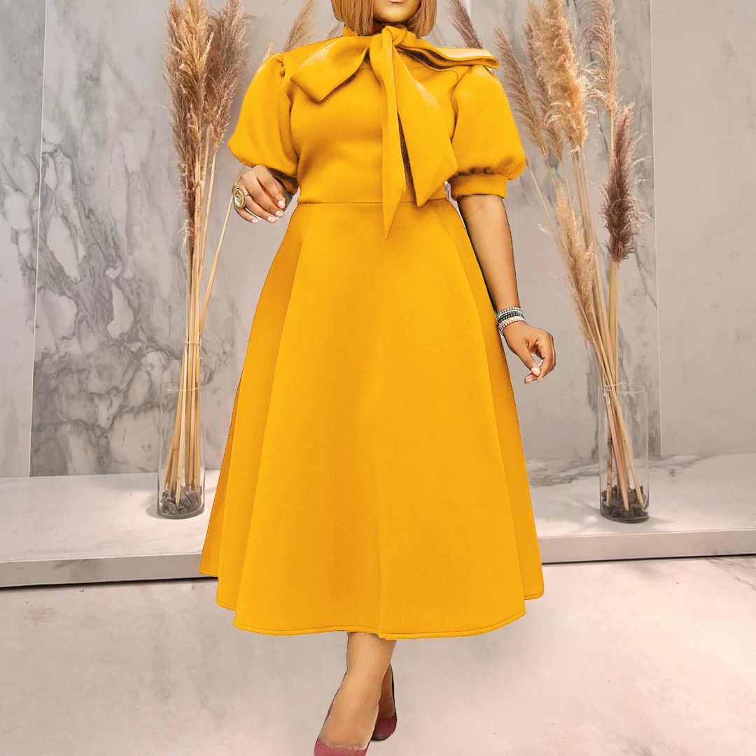 Women's Clothing fashion puff sleeves bow big skirt mid length dress_mkmklike.com