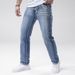 Men's Clothing Stretch Denim Straight Leg Jeans Light Blue Slim Fit Flattering Trousers_mkmklike.com
