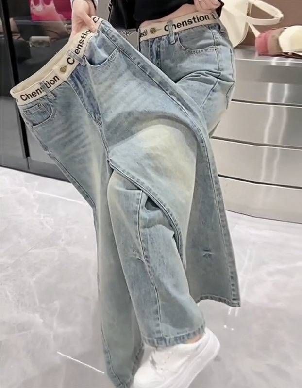 Slim Fit Stretch Straight Jeans For Women – Bluish High-Waisted Floor-Length Denim Pants With Embroidery (XS-3XL)_mkmklike.com