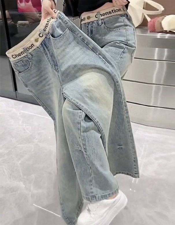 Slim Fit Stretch Straight Jeans For Women – Bluish High-Waisted Floor-Length Denim Pants With Embroidery (XS-3XL)_mkmklike.com