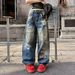 Men's Clothing Trendy Loose Fitting Straight Leg Jeans Blue Washed Faux Ripped Mid Waist Cotton Long Pants Machine Washable_mkmklike.com