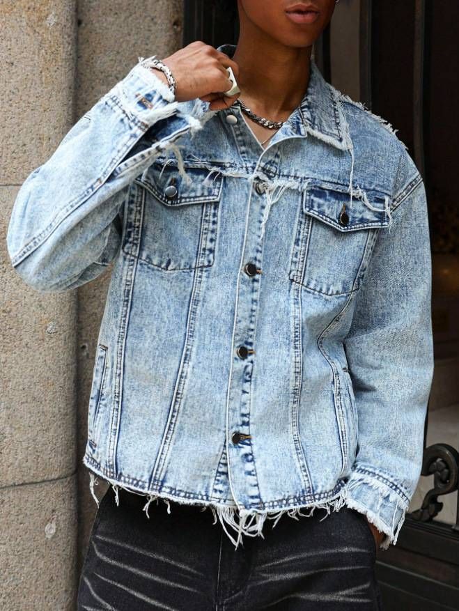 Men's Casual Denim Jacket Trendy Lapel Cardigan Korean Versatile Spring Fashion Slight Stretch Polyester_mkmklike.com
