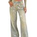 Women's High-Waisted Heavy-Duty Rhinestone Wide Leg Jeans Vintage Distressed Yellow Mud Dyed Straight Leg Pants_mkmklike.com