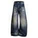 Vintage Punk Style Men's Floor Length Trousers Loose Fitting Paint Splatter Inspired Washed And Distressed Curved Blade Blue Jeans_mkmklike.com