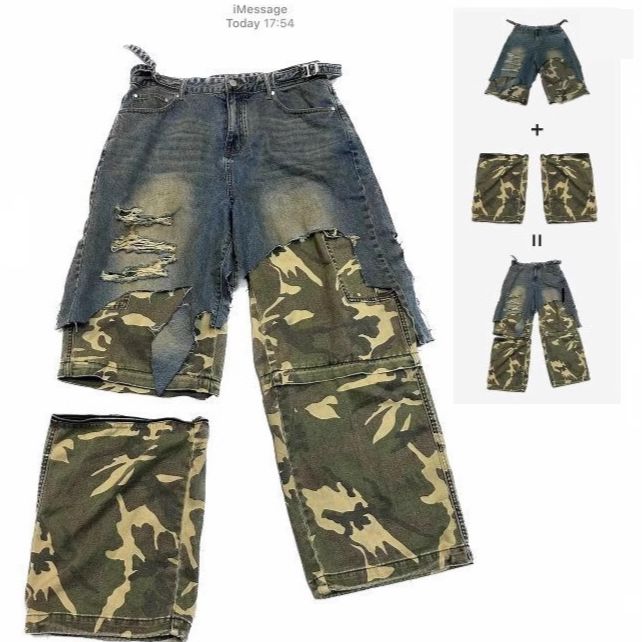 Men's Clothing Washed Distressed Holes Two Piece Camouflage Denim Stitching Detachable Trousers Cropped Trousers_mkmklike.com