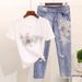 Women's Embroidery Beaded Sequined Three-dimensional Flower T-shirt + Ripped Nine-point Jeans_mkmklike.com