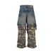 Men's Clothing Heavy Hip Hop Stitching Two Piece Distressed Camouflage Workwear Jeans Loose Casual Wide Leg Trousers_mkmklike.com