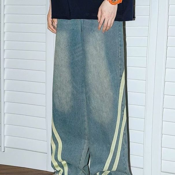 American Washed Striped High Street Patchwork Jeans, Loose Straight Leg Pants, Versatile Casual Pants For Couples_mkmklike.com