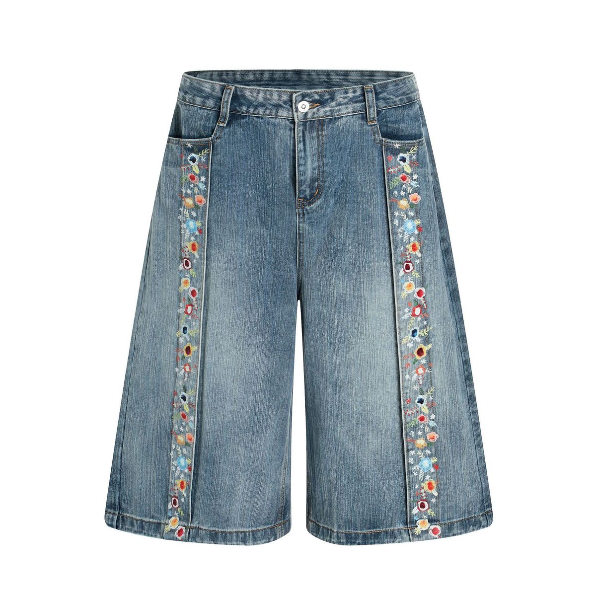 Men's Clothing Washed Retro Blue Color Print Design Men's Loose Straight Five Point Denim Shorts_mkmklike.com