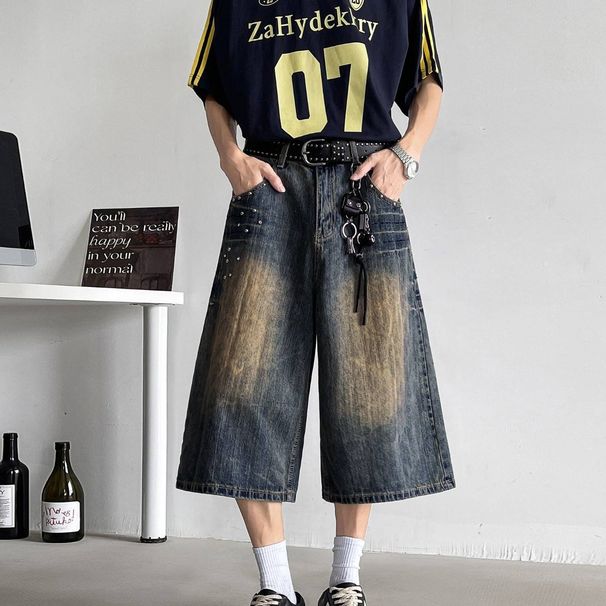 Vintage Wide-Leg Cropped Jeans For Men & Women | Summer Distressed Denim Capri Pants With Studded Details | Relaxed Fit Straight Leg Casual Shorts_mkmklike.com