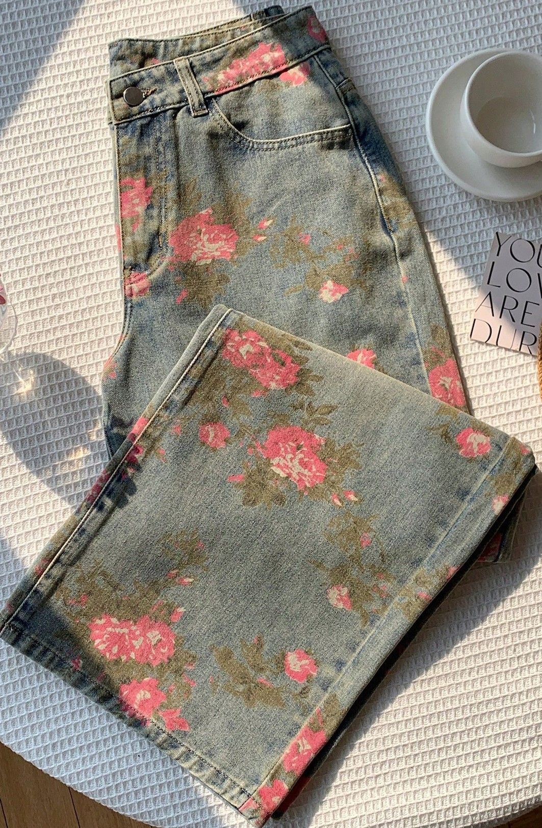 Women's Clothing Floral Print Women's Jeans Loose Straight Leg Casual Denim Trousers_mkmklike.com