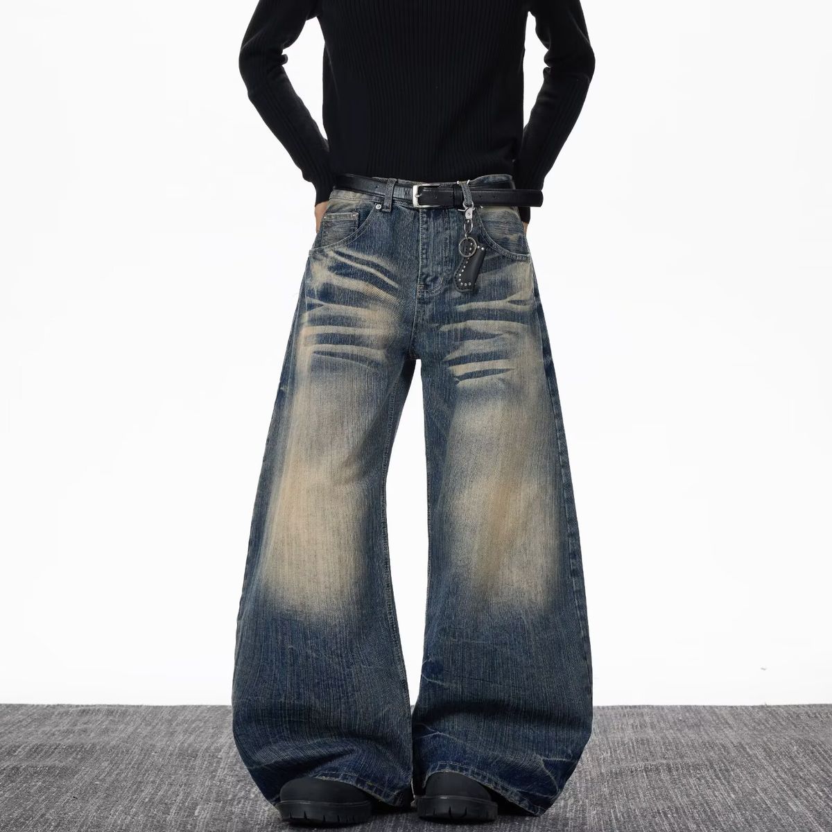 Men's Vintage Washed Loose Fit Jeans – Retro Blue Denim Pants With Cat Whisker & Bamboo Stripes | Baggy Wide-Leg Streetwear Style_mkmklike.com