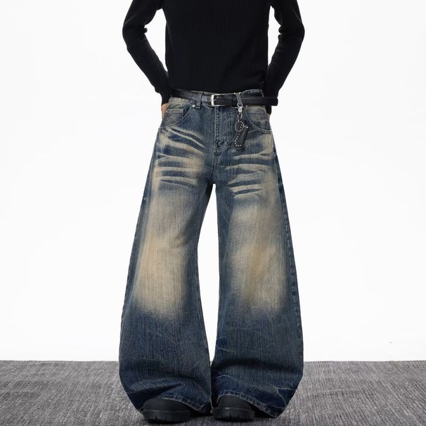 Men's Vintage Washed Loose Fit Jeans – Retro Blue Denim Pants With Cat Whisker & Bamboo Stripes | Baggy Wide-Leg Streetwear Style_mkmklike.com