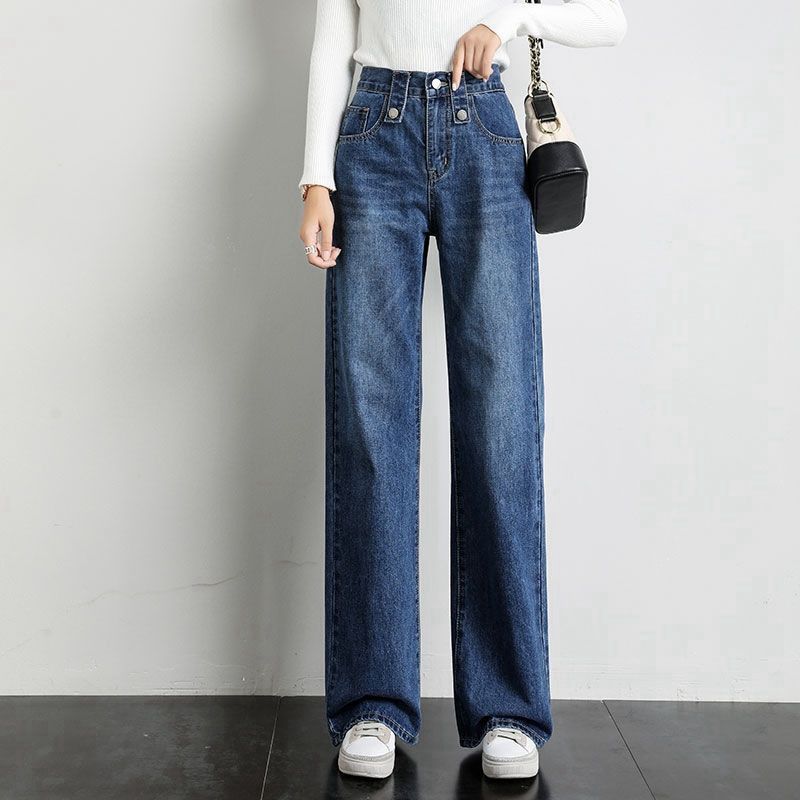 High Waist Stretch Denim Pants For Women - Relaxed Fit Straight Leg Cropped Jeans With Vintage Wash (Light Blue/Dark Blue)_mkmklike.com