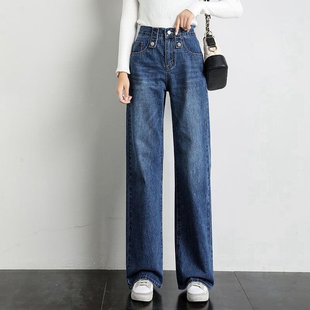 High Waist Stretch Denim Pants For Women - Relaxed Fit Straight Leg Cropped Jeans With Vintage Wash (Light Blue/Dark Blue)_mkmklike.com