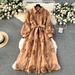 Women's Clothing heavy embroidery hollow flower buttoned slim fit mid length puff sleeve dress_mkmklike.com