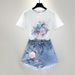 New Suit Summer European Goods Flower Embroidery Loose T Shirt Denim Shorts_mkmklike.com