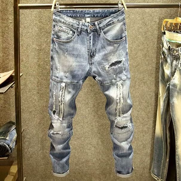 Splicing Ripped Jeans Men's Slim-fitting Small Straight Pants Patch Ripped Holes And Scratched Edges_mkmklike.com
