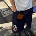 Japanese Streetwear Denim Shorts For Men & Women - Colorful Letter Print, Loose Fit Cropped Dark Blue Summer Shorts_mkmklike.com