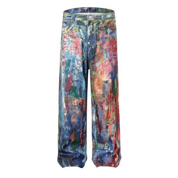 High-End Feel 3-Color Print Niche Design Palette Ink Splatter Oil Painting Loose Wide Leg Men's Jeans_mkmklike.com