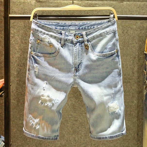 Men's Light Blue Ripped Denim Shorts Summer Fashion Trend Handsome Casual Hole Cutout Pants_mkmklike.com