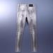 Men's Grunge Gray Jeans Paint Splatter Patchwork Distressed Ripped Denim Pants Slim Skinny Fit for Urban Artistic Style_mkmklike.com