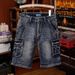 Retro Black Cargo Denim Shorts For Men Multi Pocket Loose Fit Plus Size Trendy Summer Stretch Mid-Length Five Point Pants_mkmklike.com