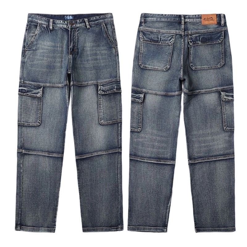 Cross-border Special For American High Street Straight Jeans Men's Four-season Loose Straight Multi-bag Splicing Retro Wide-leg Pants_mkmklike.com