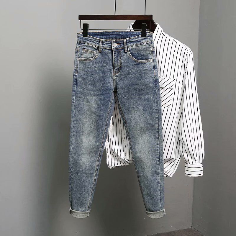 Men's Jeans Trendy Brand Blue Nine Points Versatile Spring New Slim-fitting Small Feet Elastic Trousers_mkmklike.com