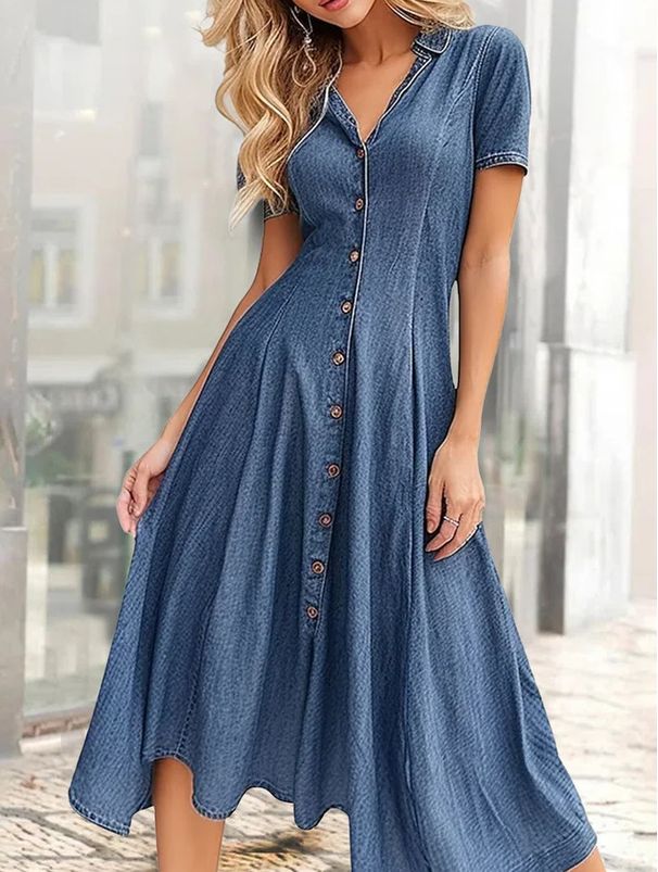 Women's Clothing New Summer Short Sleeved V Neck Denim Dress_mkmklike.com