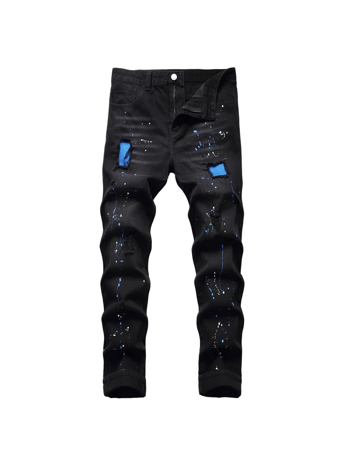 Men's Clothing 2026 Slim Fit Distressed Jeans – Stretch Black Denim Pants With Paint Splatter (28-42, Streetwear Style)_mkmklike.com