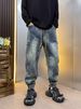 Light Blue Heavy Duty Jacquard Jeans For Men Slim Fit Elastic Waist Trendy Autumn Winter New_mkmklike.com