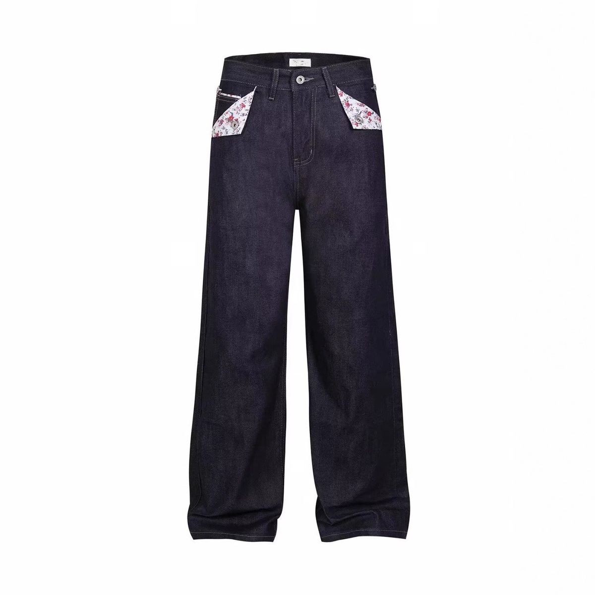 Vintage Americana Patchwork Jeans – A-Line Straight Leg Denim Pants With Floral Red Trim & Cargo Pockets (Unisex S-3XL, Distressed Blue Wash)_mkmklike.com